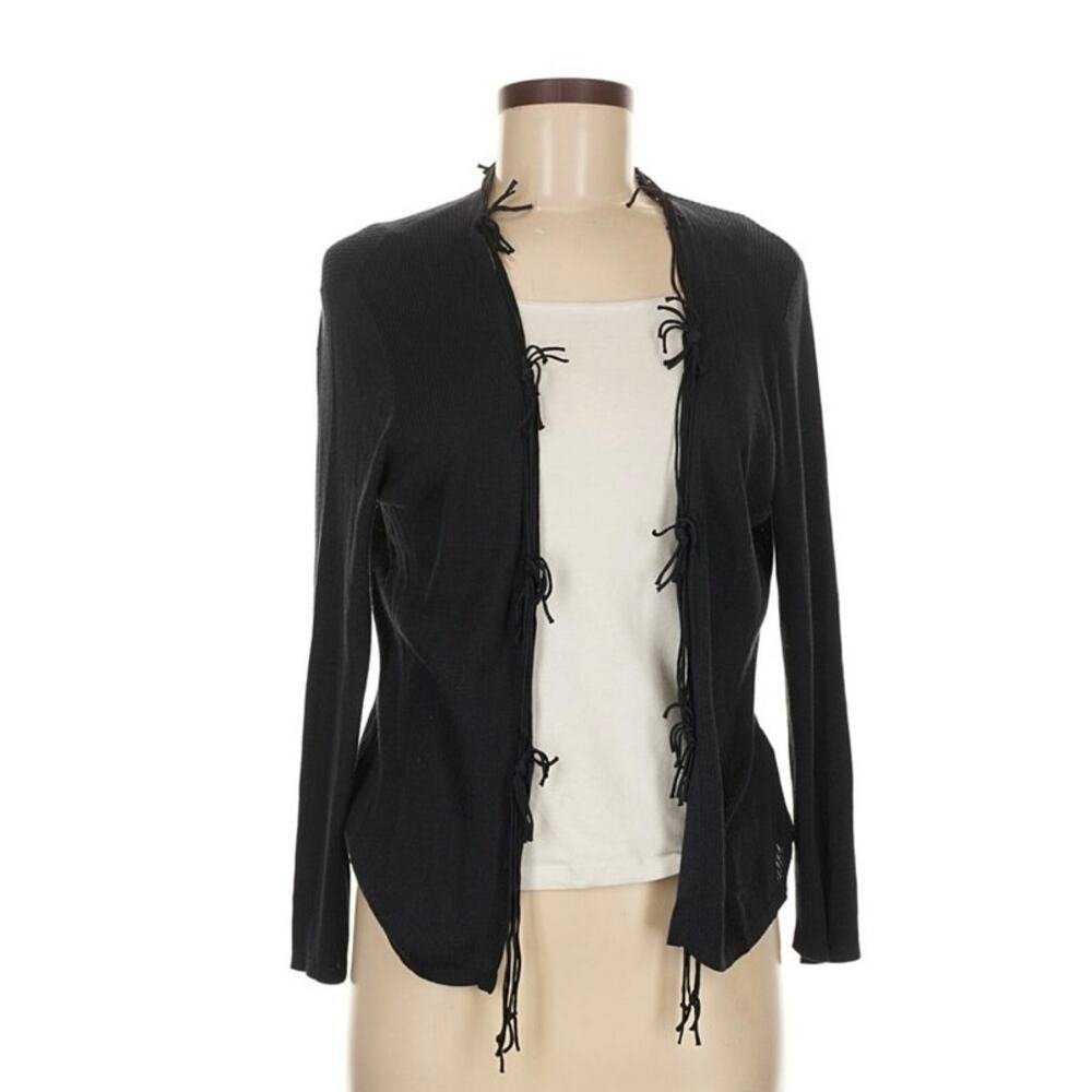 Doncaster Collection 100% Silk Black Ribbed Tie Front‎ Cardigan
